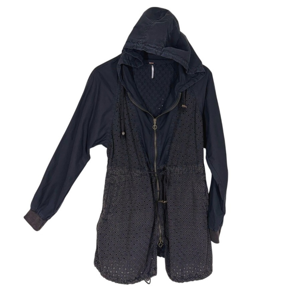 Free People Women Jacket SP Black Eyelet Mixed Media Utility Distressed Grunge